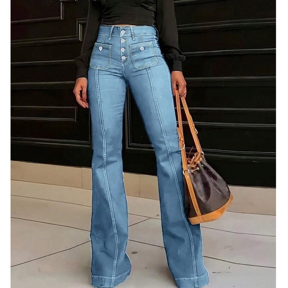 Black High waisted Button Fly Flared Leg Denim Jeans Pants - Picture 5 of 11